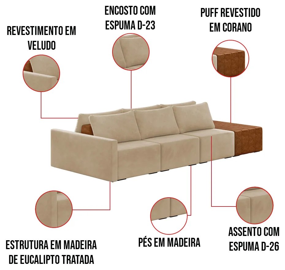 Sofá Ilha 3 Lugares Living 372cm Modulado para Sala Lary Veludo Bege K01 - D'Rossi