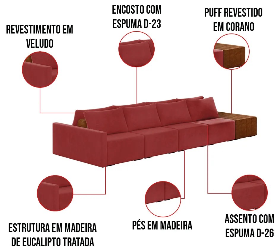 Sofá Ilha 4 Lugares Living 432cm Modulado para Sala Lary Veludo K01 - D'Rossi - Vermelho