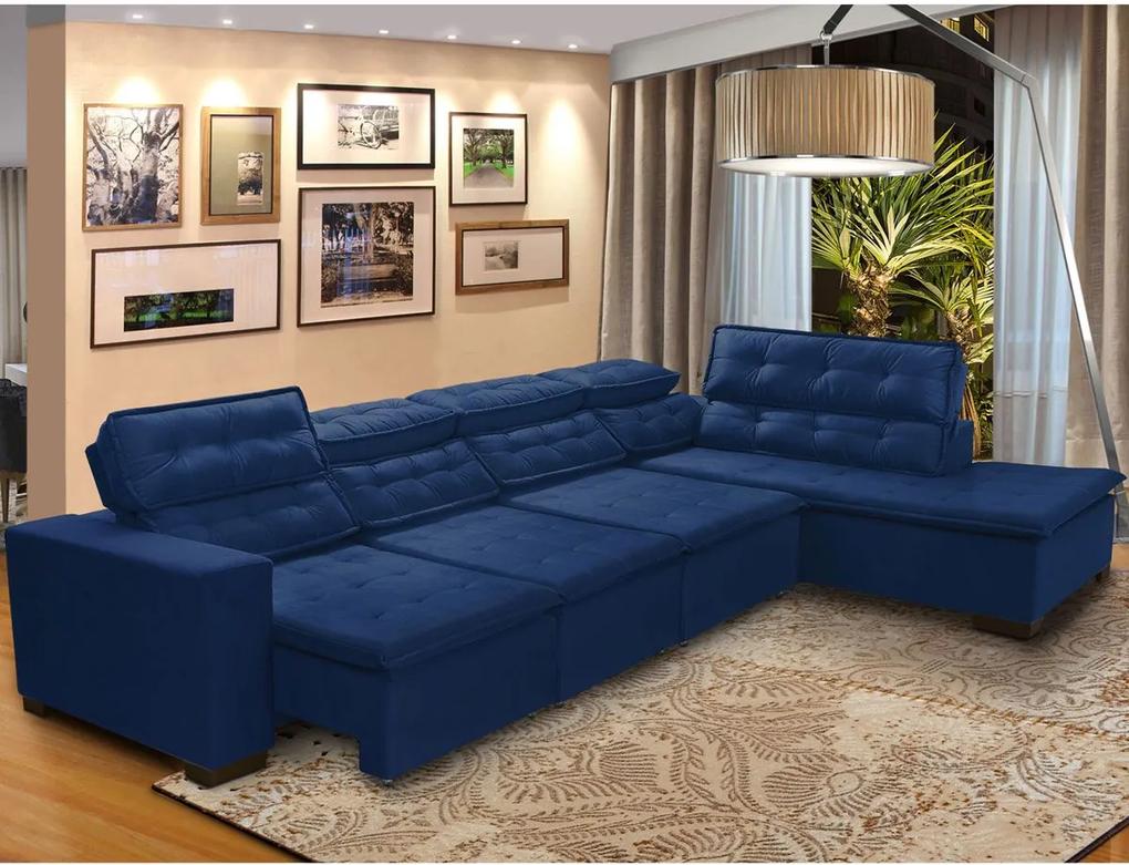 Sofá 7 Lugares de Canto Retrátil e Reclinável Pillow Chaise E 3,70 x 2,20 m  Sttilo  Azul  - MegaSul