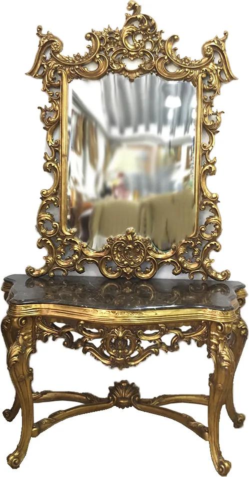 Aparador de Madeira Folheado em Ouro em Mármore Espelho Esculpido á Mão Royal - 231x133x55cm
