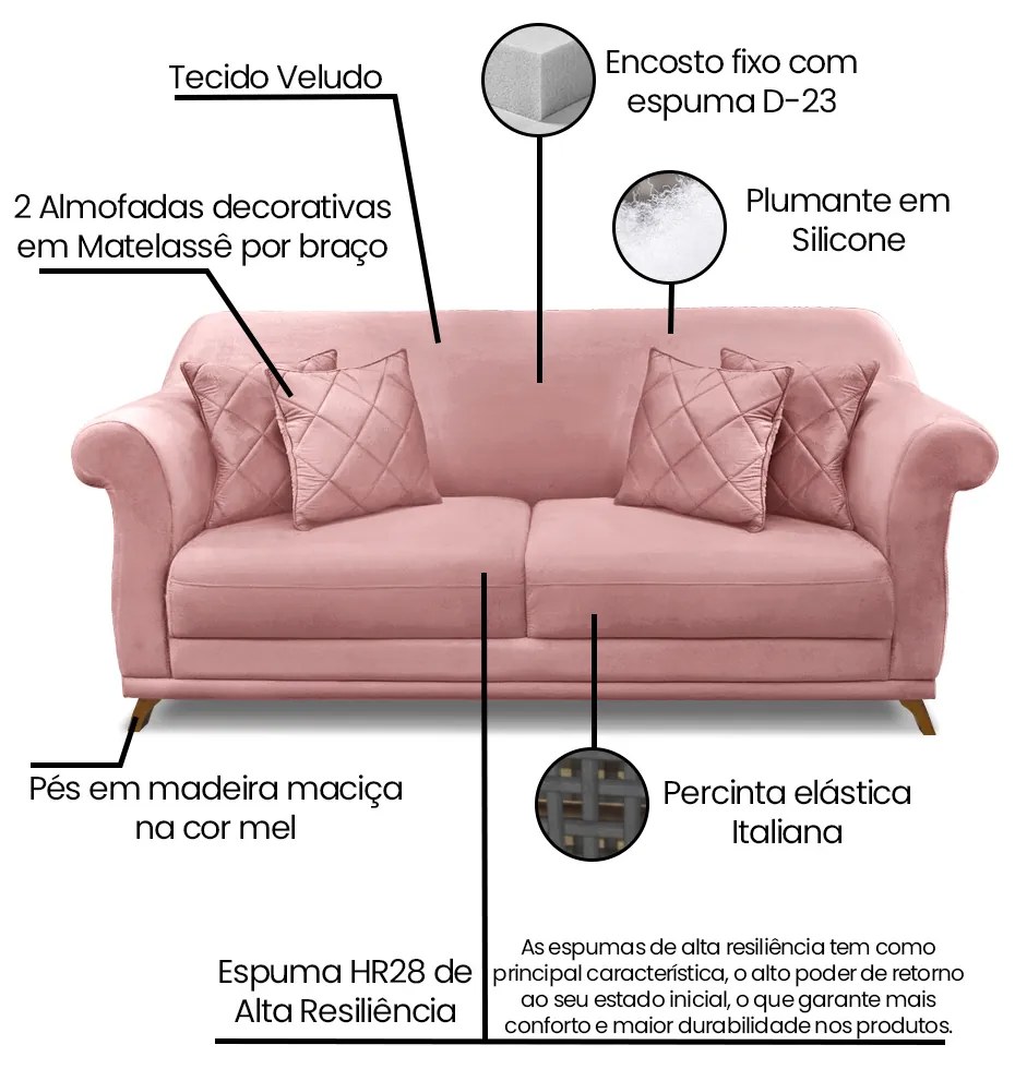 Sofá 2 Lugares Pé de Madeira Julieta 160 cm Veludo S04 - D'Rossi - Rosa