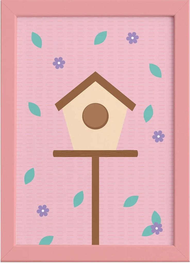 Quadro Infantil Casa Passarinhos Moldura Rosa 22x32cm