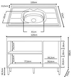 Balcão de Cozinha com Pia Inox 120cm 3 Portas 2 Gavetas Livy P11 Damas