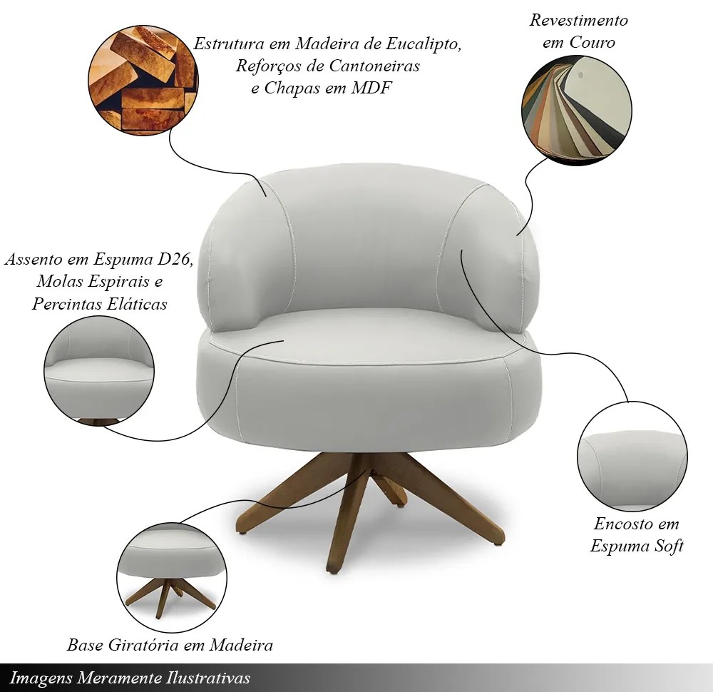 Kit 2 Poltronas Decorativas Katy Sala de Estar Base Giratória em Madeira Couro Off White G88 - Gran Belo