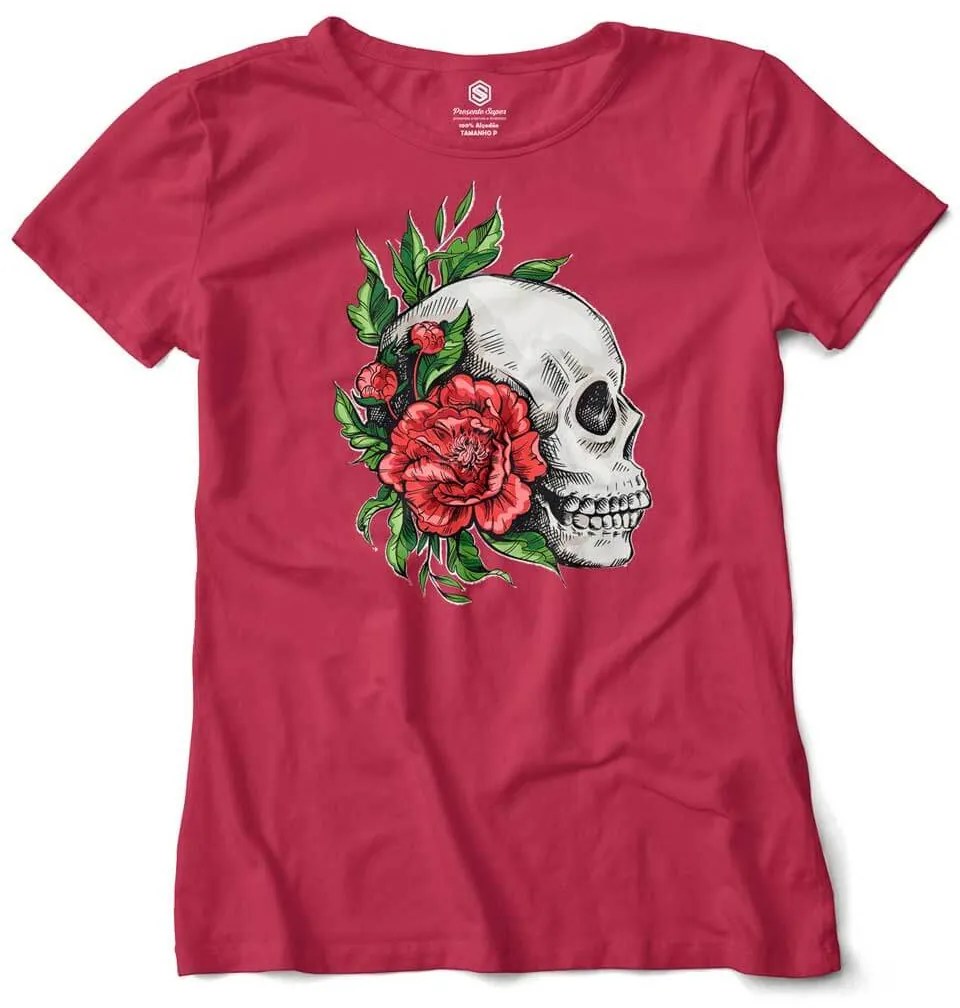 Camiseta Feminina Baby Look Caveira e Rosas Vermelhas - Vinho - M