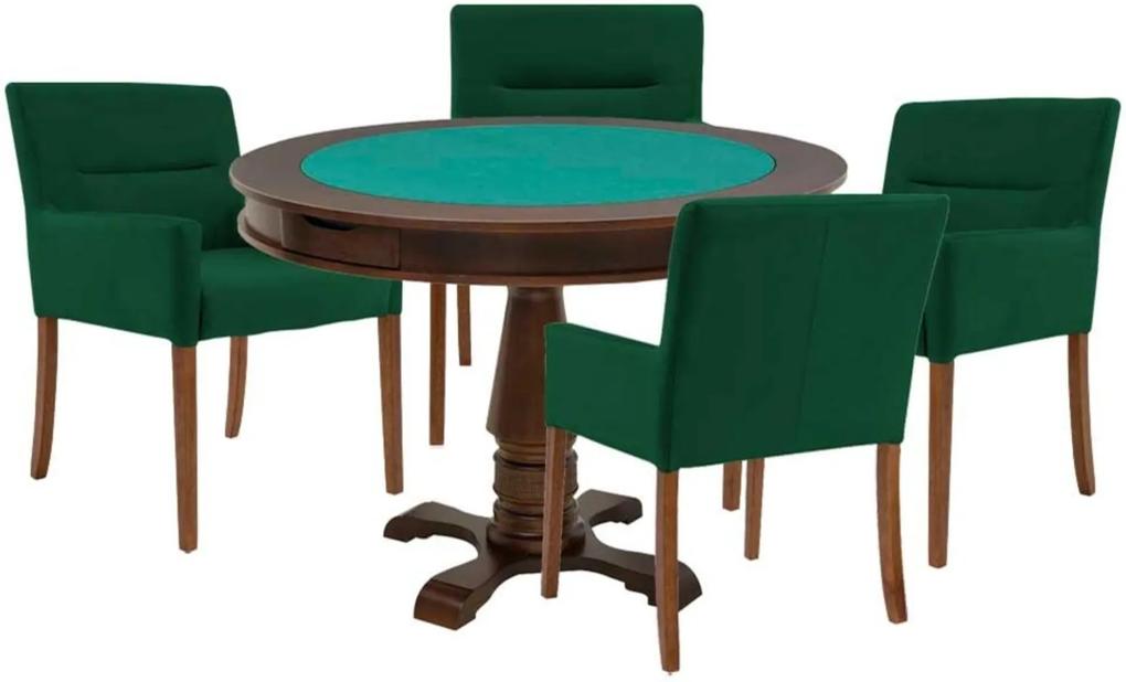 Mesa de Jogos Carteado Victoria Redonda Tampo Reversível Imbuia com 4 Cadeiras Vicenza Verde - Gran Belo