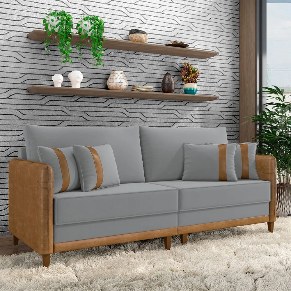 Sofá Living Montecarlo 2 Lugares Bipartido 212cm Pés em Madeira Veludo/PU Cinza/Caramelo G33 - Gran Belo