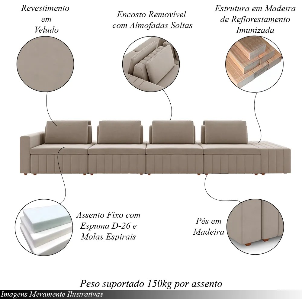 Sofá Ilha com Encosto e Almofadas Móveis Olimpo 425cm Modulado Veludo Bege G45 - Gran Belo