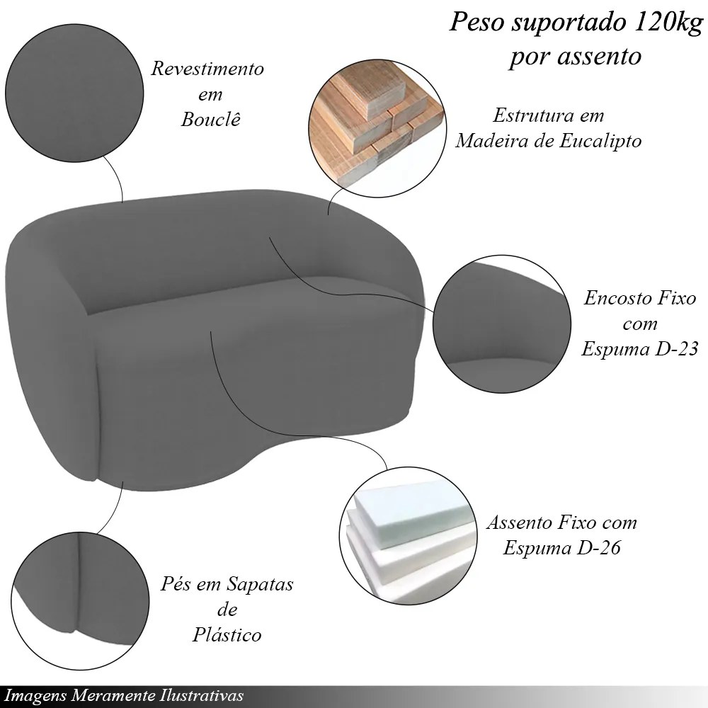 Conjunto 1 Sofá Living 160cm e 1 Poltrona Decorativa Sala de Estar Íbis Encosto Fixo Bouclê  Grafite G33 - Gran Belo