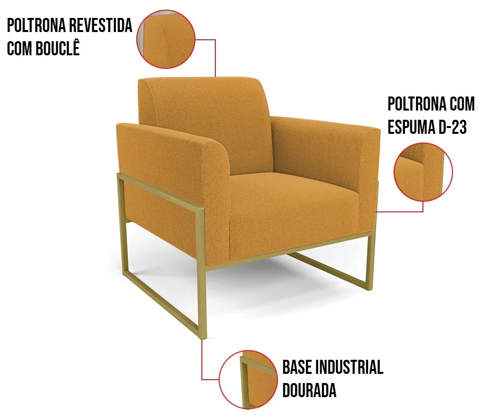 Namoradeira e 2 Poltronas Industrial Alta Dourado Marisa Bouclê Mostarda D03 - D'Rossi