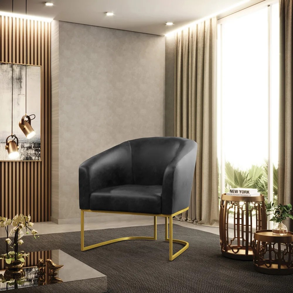 Poltrona Decorativa Industrial Dourado kit 2 Stella Sintético PU  Preto D03 - D'Rossi