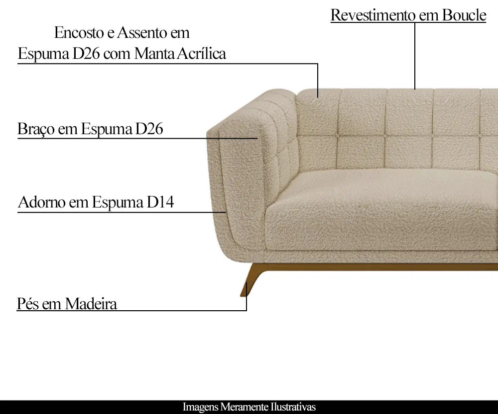 Sofá Decorativo Sala de Estar 240cm Rocket 3 Lugares Base Madeira Boucle Bege G45 - Gran Belo