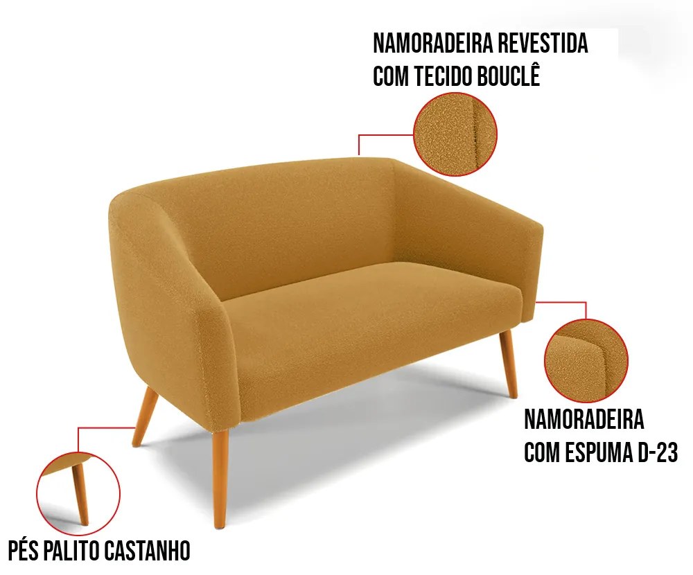 Sofá 2 Lugares Namoradeira Pé Palito Castanho Stella Bouclê D03 - D'Rossi - Mostarda