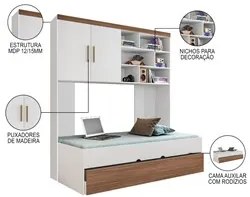 Quarto Infantil Modulado 4 Portas Com Bicama Chiara Carvalho/Branco -