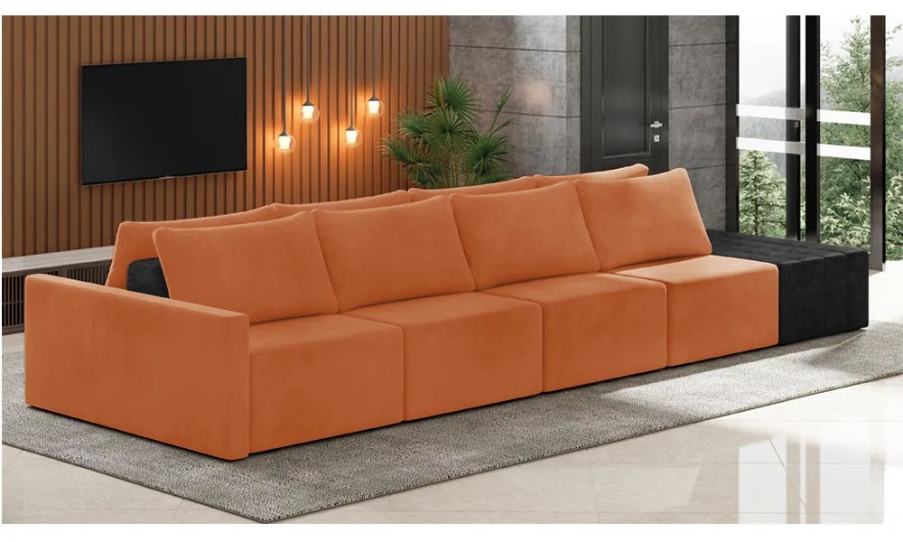 Sofá Ilha 4 Lugares Living 472cm Modulado Sala Lary Veludo Terracota/PU Pto K01 - D'Rossi