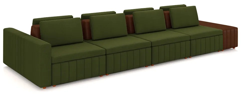 Sofá Ilha com Encosto e Almofadas Móveis Olimpo 465cm Modulado Linho/PU Verde/Marrom G45 - Gran Belo