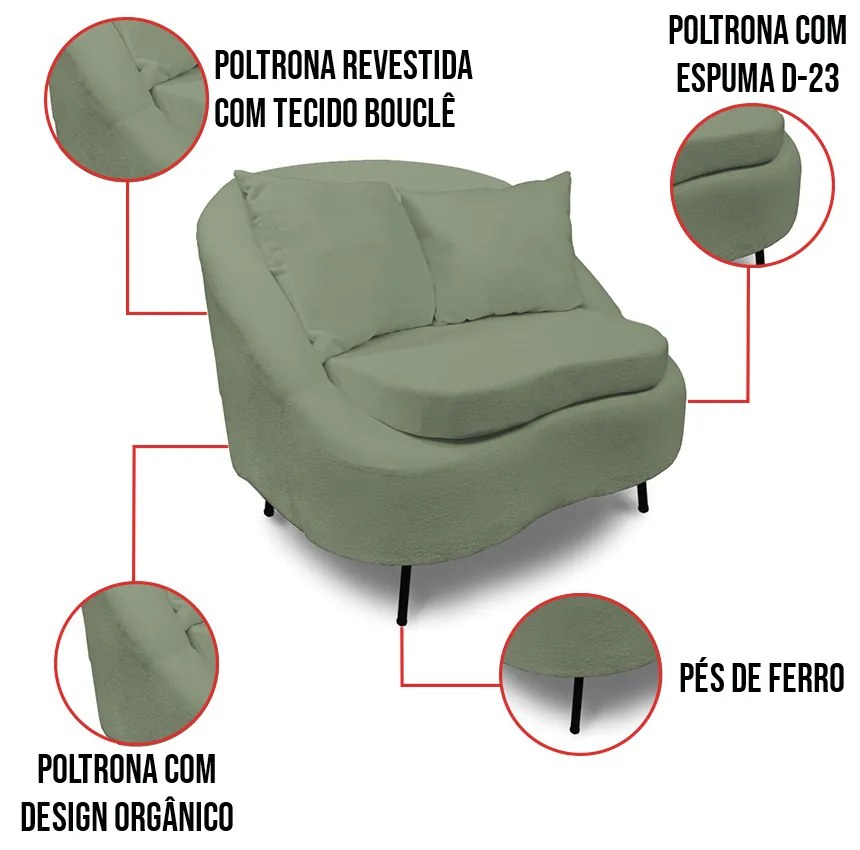 Poltrona Decorativa Orgânica Pé Ferro Pto Kit 2 Zaya Bouclê Menta C05 - D'Rossi