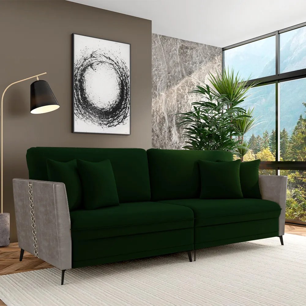 Sofá Living Decorativo Zagreb 3 Lugares 262cm com Almofadas Pés de Ferro Veludo/PU Verde/Cinza G33 - Gran Belo