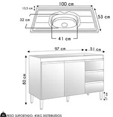 Balcão de Cozinha Com Pia Inox 120cm 3 Gavetas Andréia Amêndoa/Preto -