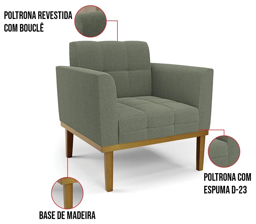 Poltrona Sala Base Madeira Fixa Castanho Kit 2 Elisa Bouclê Menta D03 - D'Rossi