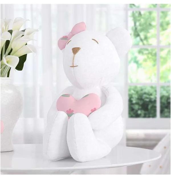 Ursa Branca com Coração e Laço Rosa 42cm Grão de G