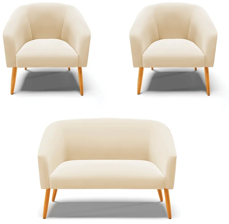 Namoradeira e 2 Poltronas Pé Palito Castanho Stella Suede Bege D03 - D'Rossi