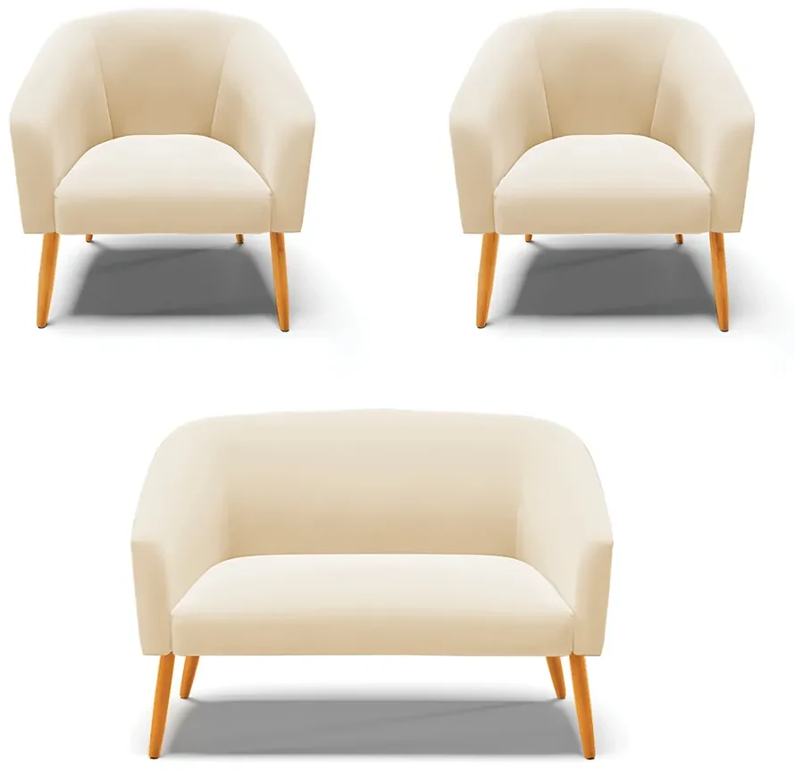 Namoradeira e 2 Poltronas Pé Palito Castanho Stella Suede Bege D03 - D'Rossi