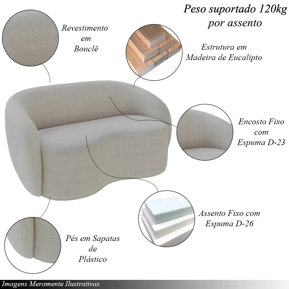 Conjunto 1 Sofá Living 180cm e 1 Poltrona Decorativa Sala de Estar Íbis Encosto Fixo Bouclê  Cinza G33 - Gran Belo