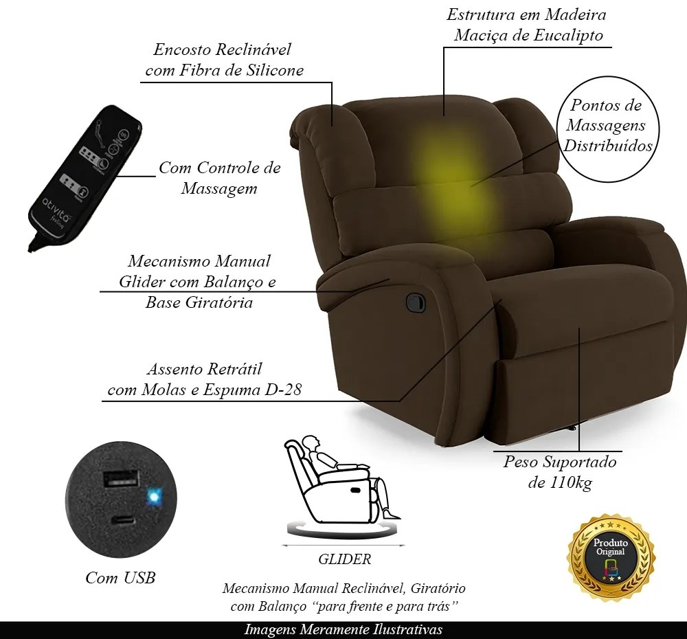 Poltrona do Papai Sala de Cinema Reclinável Kylie Glider Manual Giratória Massagem USB Veludo Marrom G23