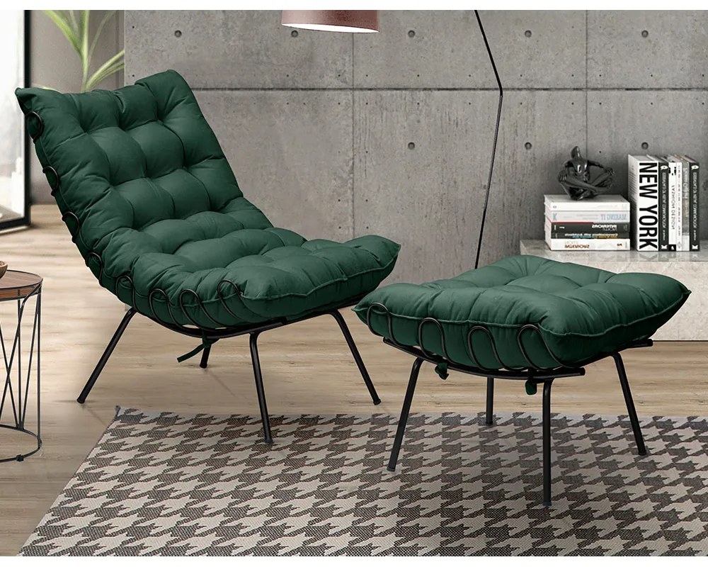 Conjunto Decorativo Poltrona e Puff Abel Base de Ferro Preto Suede Verde G41 - Gran Belo