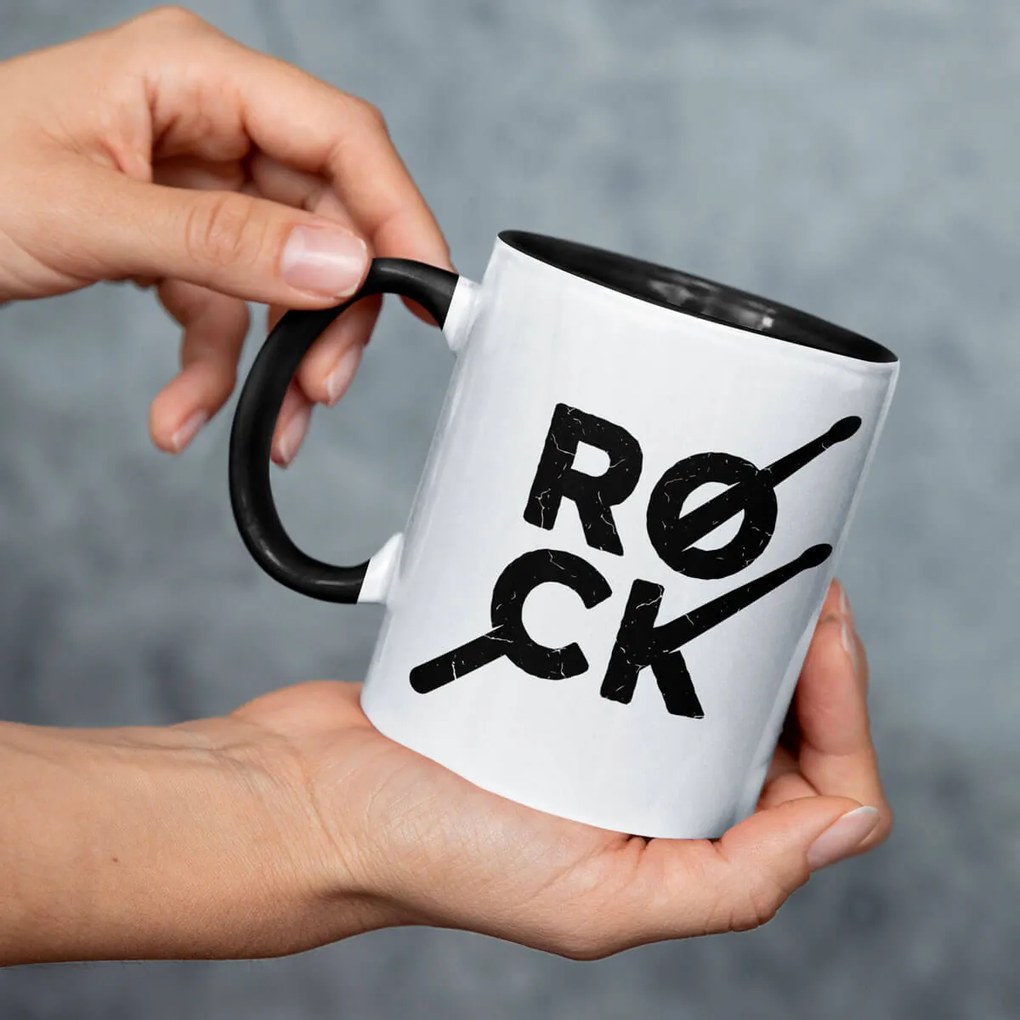 Caneca Rock Baquetas Branca com Alça Preta