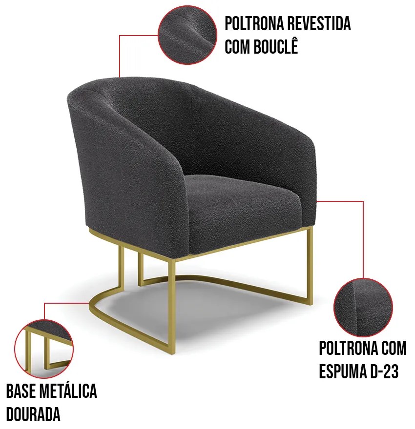 Namoradeira e 2 Poltronas Industrial Dourado Stella Bouclê Grafite D03 - D'Rossi