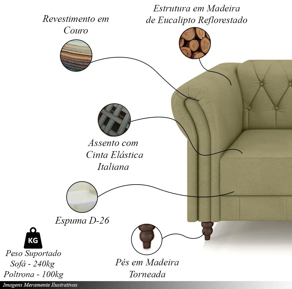 Conjunto Sala de Estar 1 Sofá Living 260cm e 2 Poltronas Stanford Chesterfield Pés Madeira Couro Fendi G58 - Gran Belo