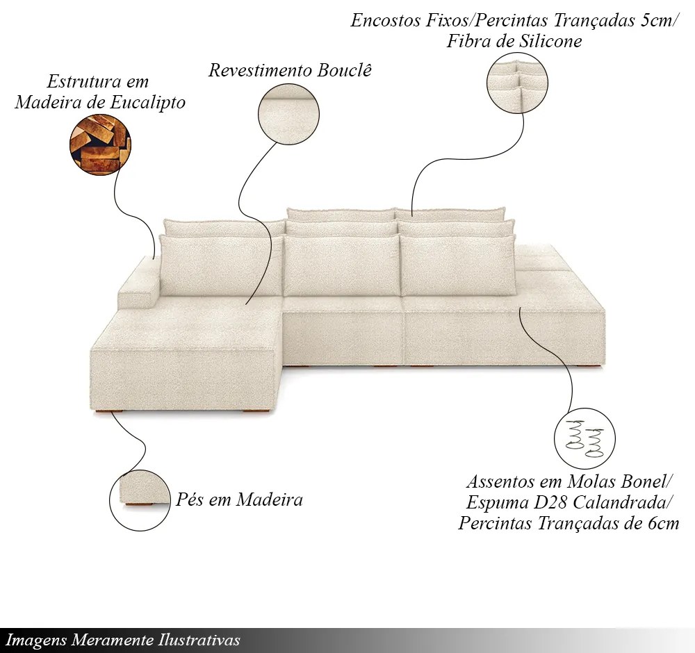 Sofá Ilha com Encosto e Almofadas Delta 355cm Modulado Chaise e Puffs Bouclê Bege G52 - Gran Belo