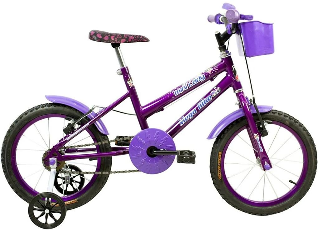 Bicicleta Infantil Aro 16 Quadro em Aço Mini Lady com Rodinhas Violeta - Mega Bike