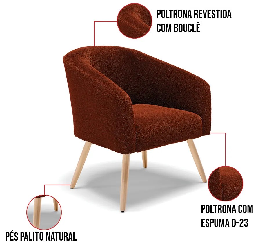 Namoradeira e 2 Poltronas Pé Palito Natural Stella Bouclê D03 - D'Rossi - Terra