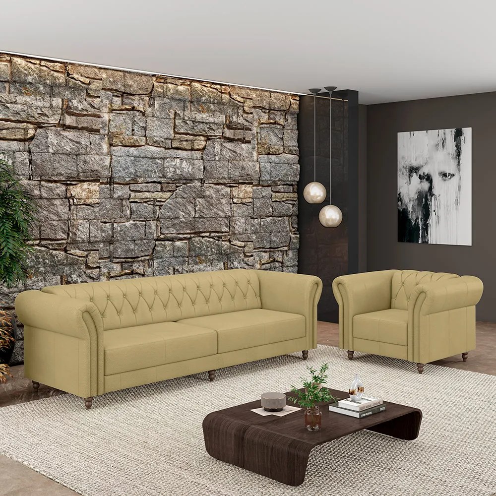 Conjunto Sala de Estar 1 Sofá Living 240cm e 1 Poltrona Stanford Chesterfield Pés Madeira Couro Bege G58 - Gran Belo