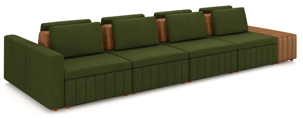 Sofá Ilha com Encosto e Almofadas Móveis Olimpo 465cm Modulado Linho/PU Verde/Caramelo G45 - Gran Belo