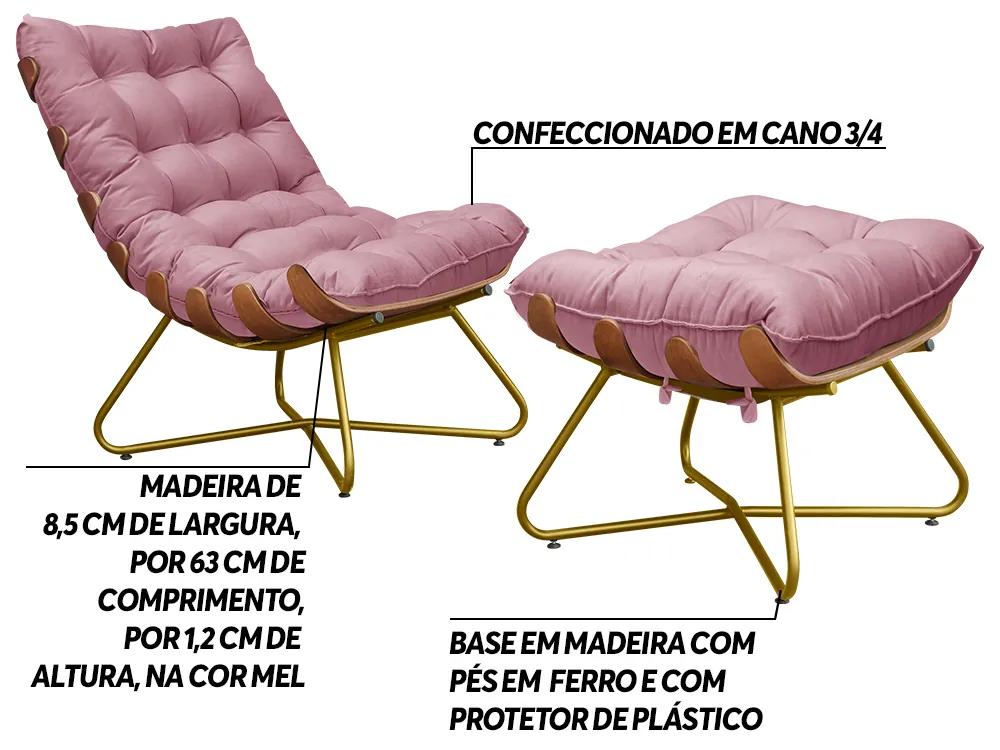 Conjunto Decorativo Poltrona e Puff Caim Base de Madeira Dourada Suede Rosa G41 - Gran Belo