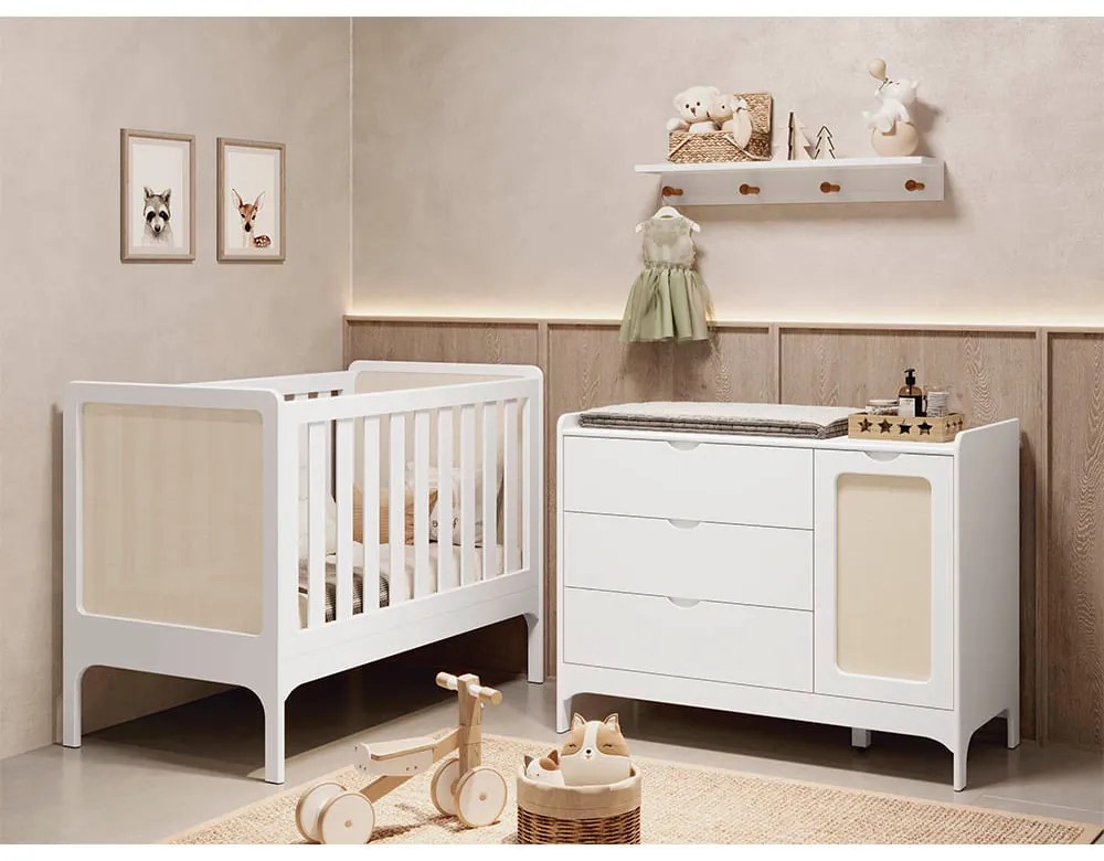 Kit Quarto Infantil Brisa - Berço + Cômoda 3 gavetas e 1 Porta - Branco Fosco