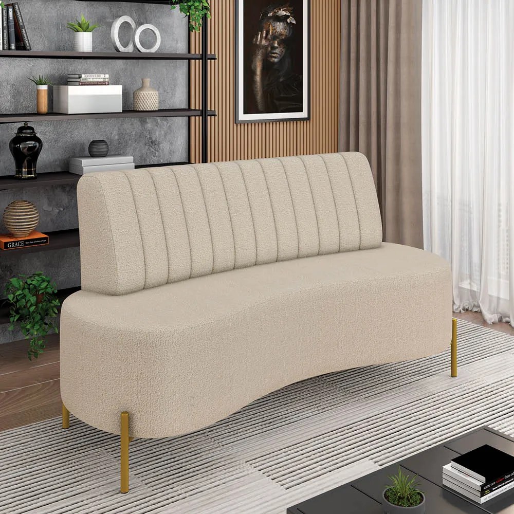 Sofá 2 Lugares Living 135cm Pé Ferro Dourado Maraú Bouclê Creme K01 - D'Rossi