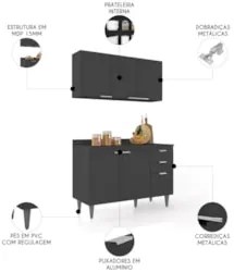 Armário de Cozinha Com Tampo CP01 120cm Pérola Preto Z34      - Mpozen