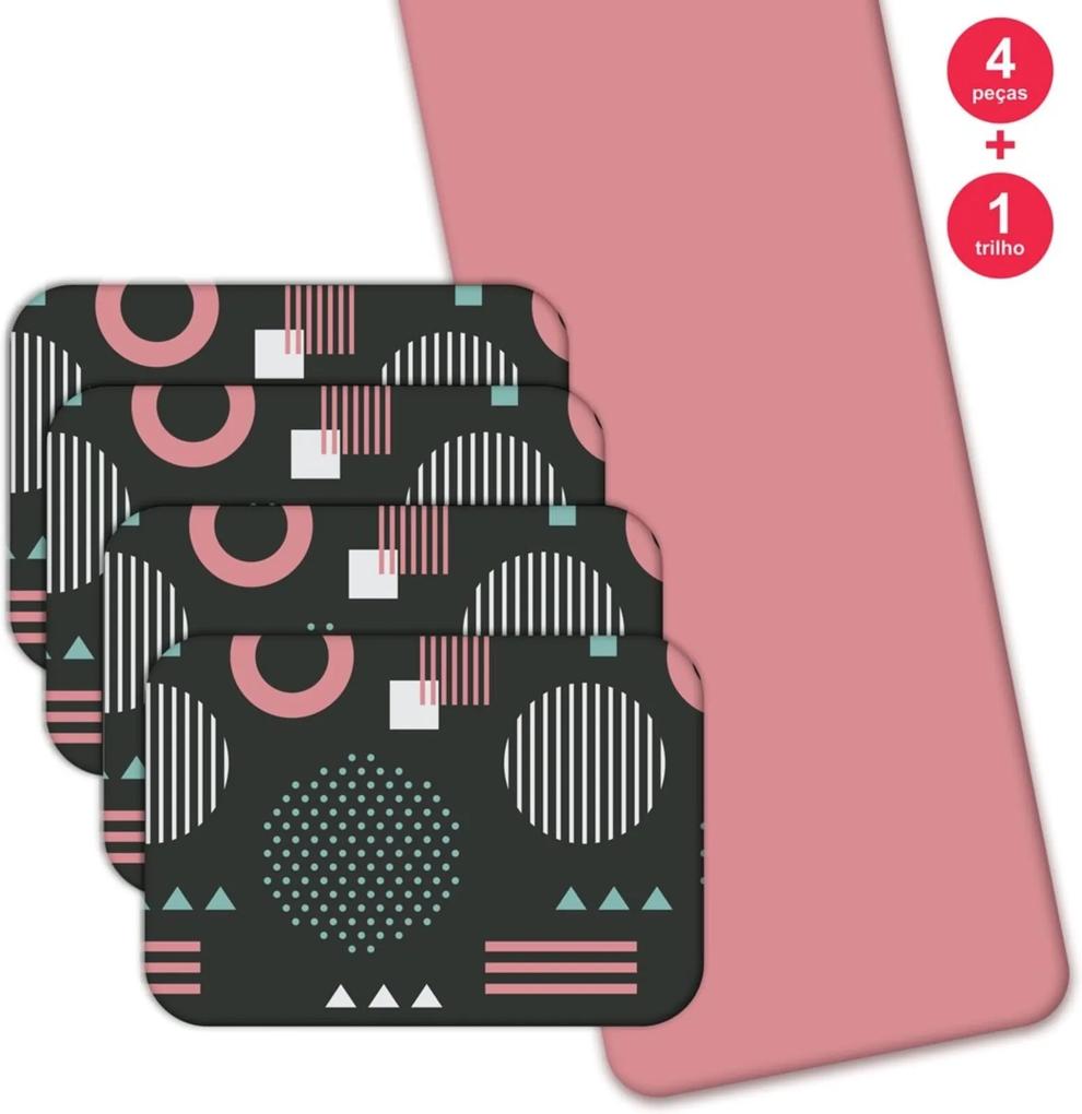 Jogo Americano Love Decor  Com Caminho De Mesa Geometric Pink Kit Com 4 Pçs + 1 Trilho