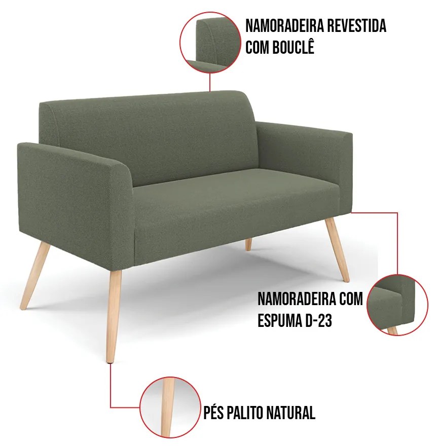 Namoradeira e 2 Poltronas Pé Palito Natural Marisa Bouclê Pistache D03 - D'Rossi