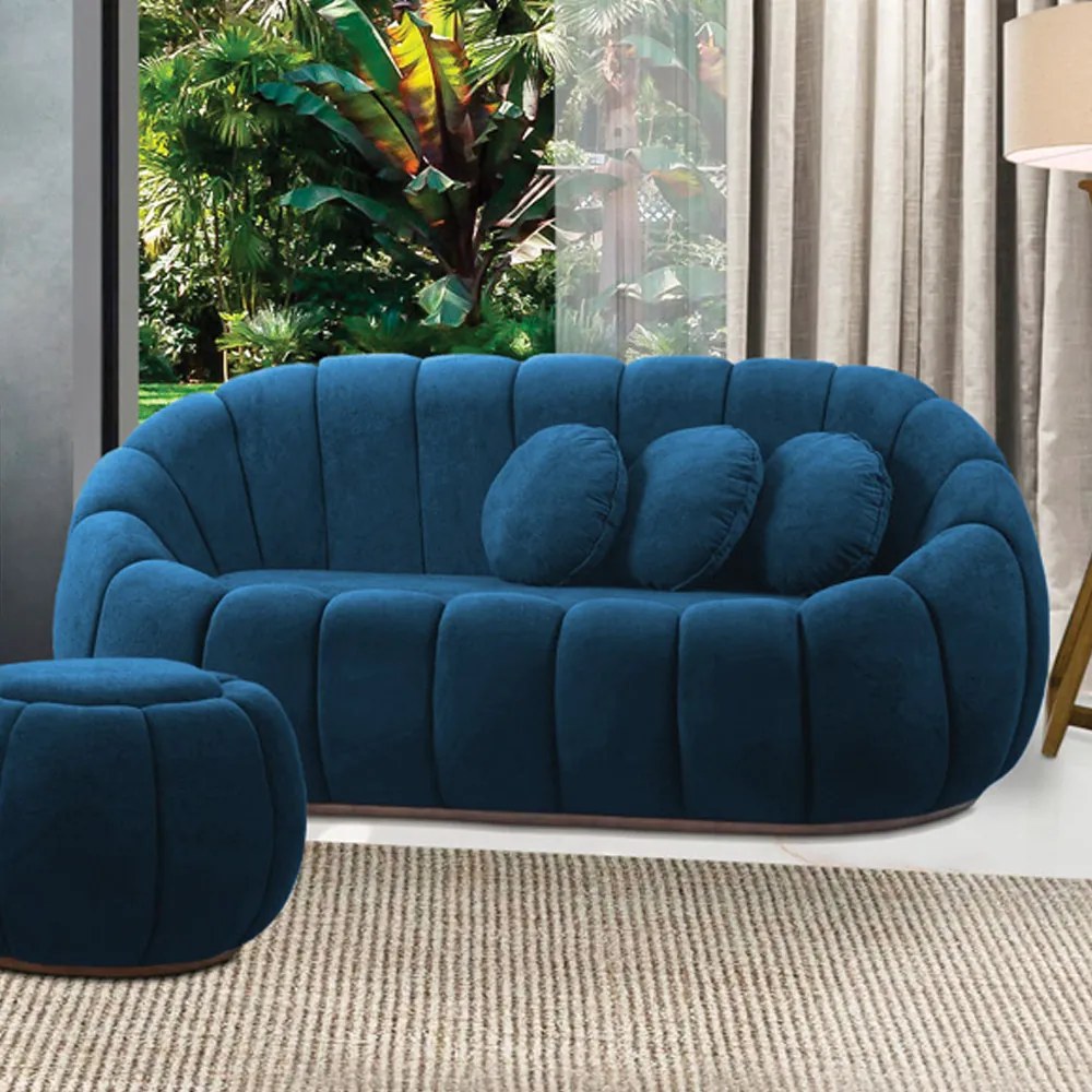 Sofá 2 Lugares com Poltrona Giratória Orgânica Cloud Bouclê Azul Marinho E03 - D'Rossi