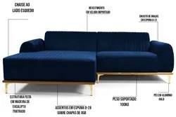 Sofá 320cm 5 Lugares com Chaise Esquerdo Pés Gold Molino C-304 Veludo