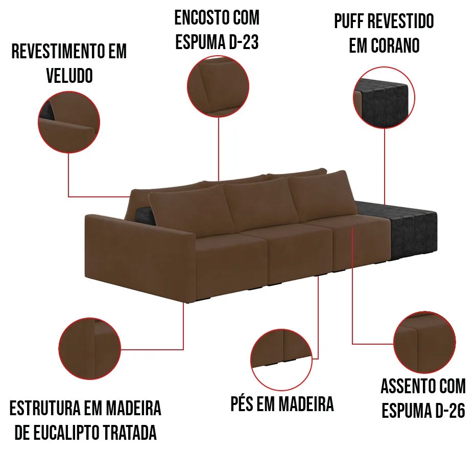 Sofá Ilha 3 Lugares Living 342cm Modulado Sala Lary Veludo Marrom/PU Pto K01 - D'Rossi