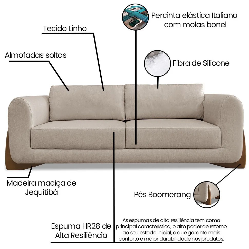 Sofá 3 Lugares Base de Madeira Clarissa 250 cm Linho S04 - D'Rossi - Areia