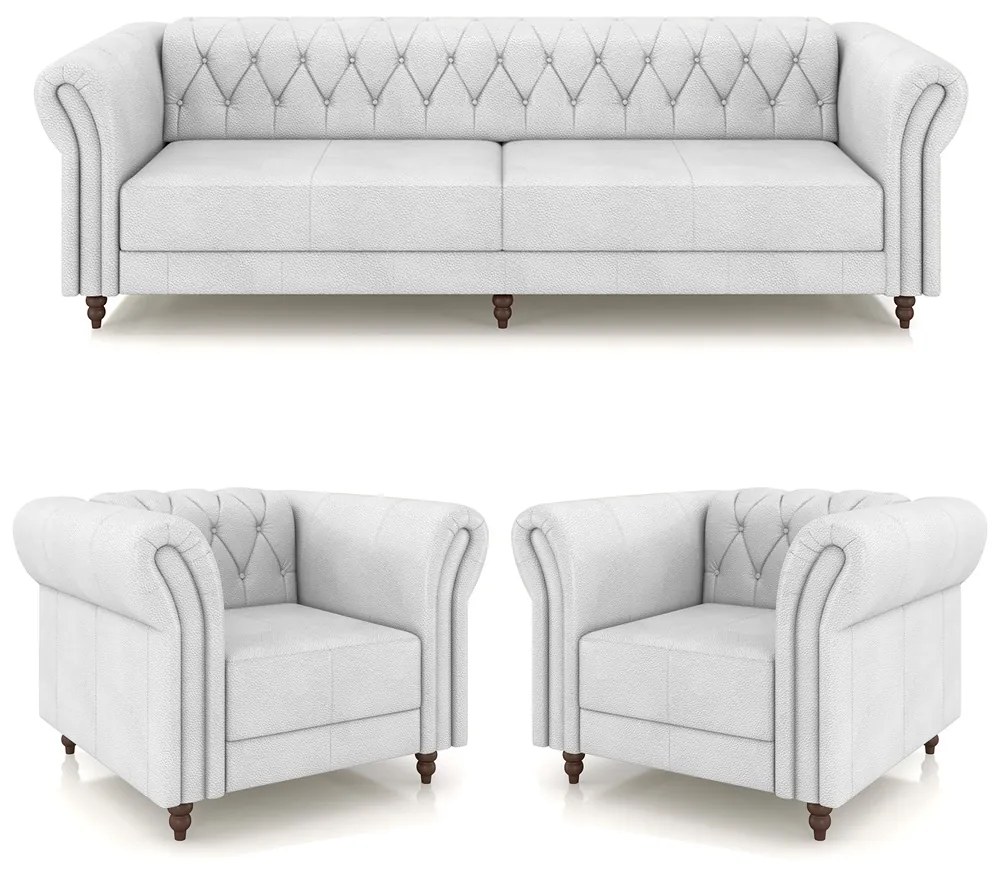 Conjunto Sala de Estar 1 Sofá Living 240cm e 2 Poltronas Stanford Chesterfield Pés Madeira Couro Branco G58 - Gran Belo