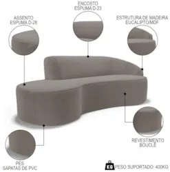 Sofá Living 4 Lugares 300cm Braço Direito Mozart D06 Bouclê Bege Escur